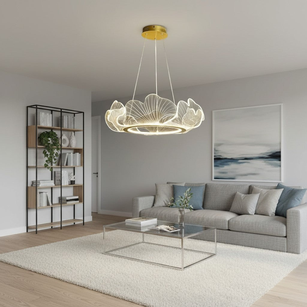 goodlampe luxury acrylic petal pendant light with Art Deco design, available in 62cm or 82cm with dimmable remote option.