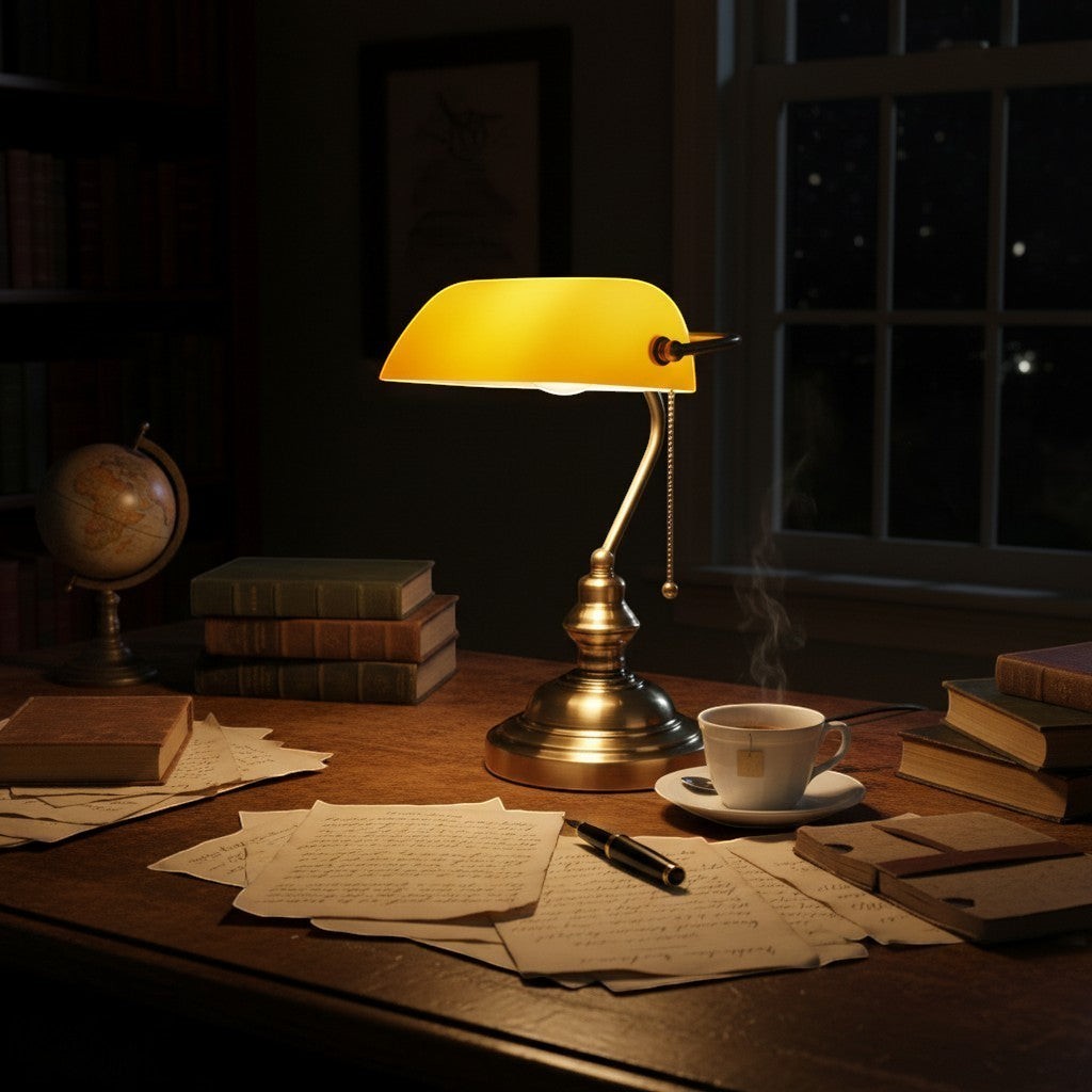 goodlampe vintage banker's lamp with amber glass shade and bronze metal base, featuring a pull chain.