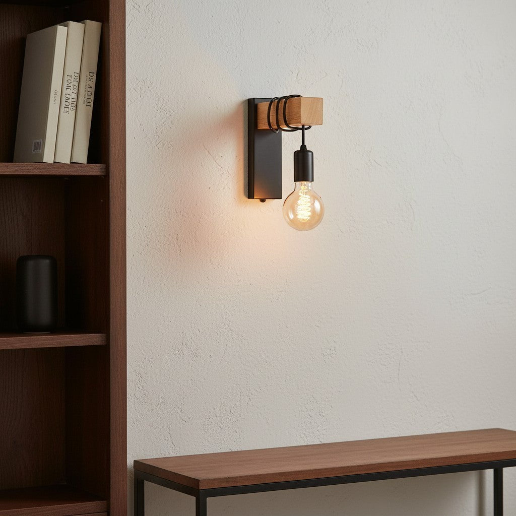 Applique murale industrielle goodlampe en bois noir avec ampoule Edison visible, style rétro.