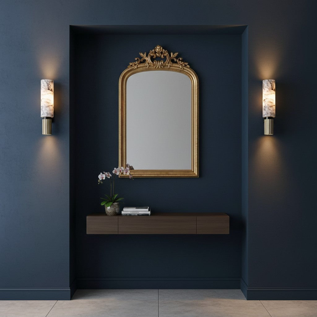 goodlampe applique murale LED cylindrique en marbre blanc veiné de noir avec base en laiton strié