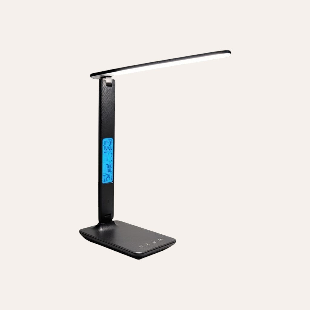 goodlampe black LED desk lamp with wireless charging, calendar, clock, and adjustable brightness.