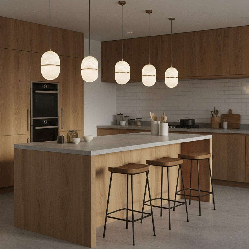 goodlampe modern art deco pendant light with a marble-like finish in cream and gold, ideal for dining rooms.