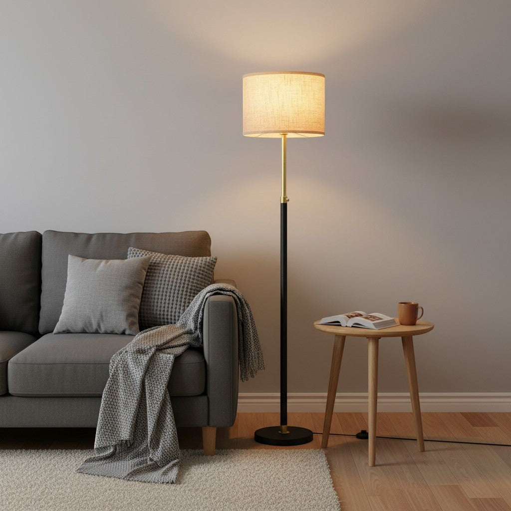 goodlampe lampadaire noir et doré réglable en hauteur avec abat-jour en tissu façon lin, idéal pour salon ou chambre.