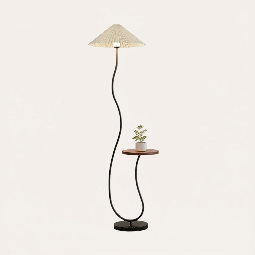 goodlampe lampadaire LED rétro en métal noir avec abat-jour plissé beige et petite tablette en bois