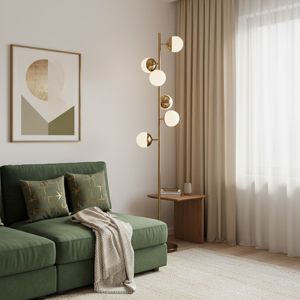 goodlampe lampadaire post-moderne doré avec 6 globes en verre blanc et doré, éclairage d'ambiance