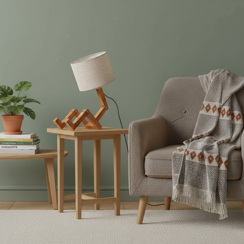 goodlampe lampe robot articulée en bois naturel avec abat-jour en tissu écru, style nordique