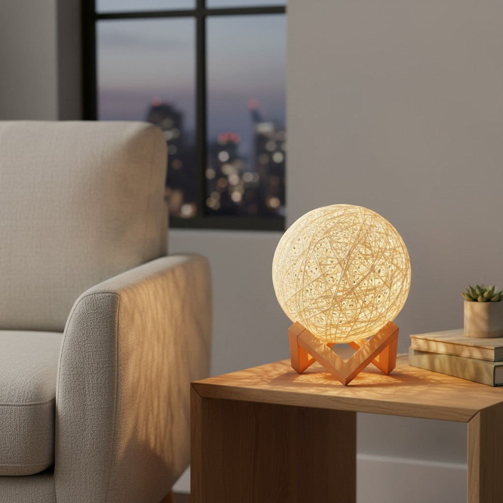 goodlampe lampe de table ronde en rotin blanc chaud, projection lune, USB, ambiance féérique