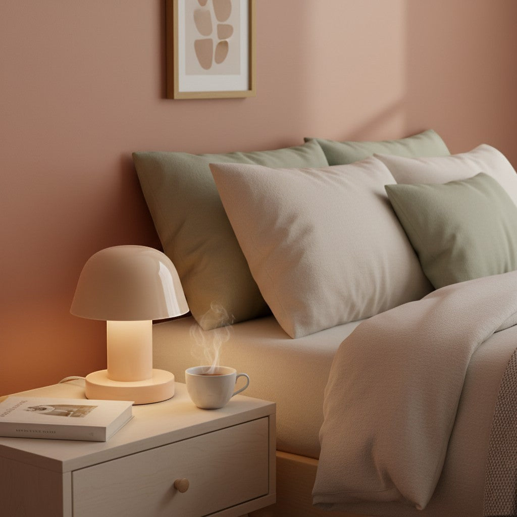 goodlampe mini lampe champignon LED beige en ABS, design original pour chambre ou décoration.