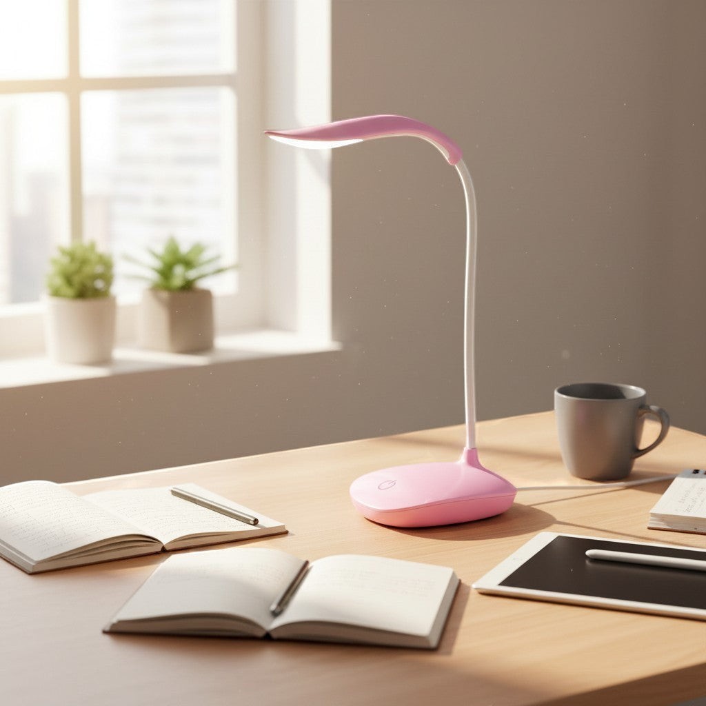 goodlampe pink LED desk lamp, portable, rechargeable, adjustable neck, touch switch, modern style.
