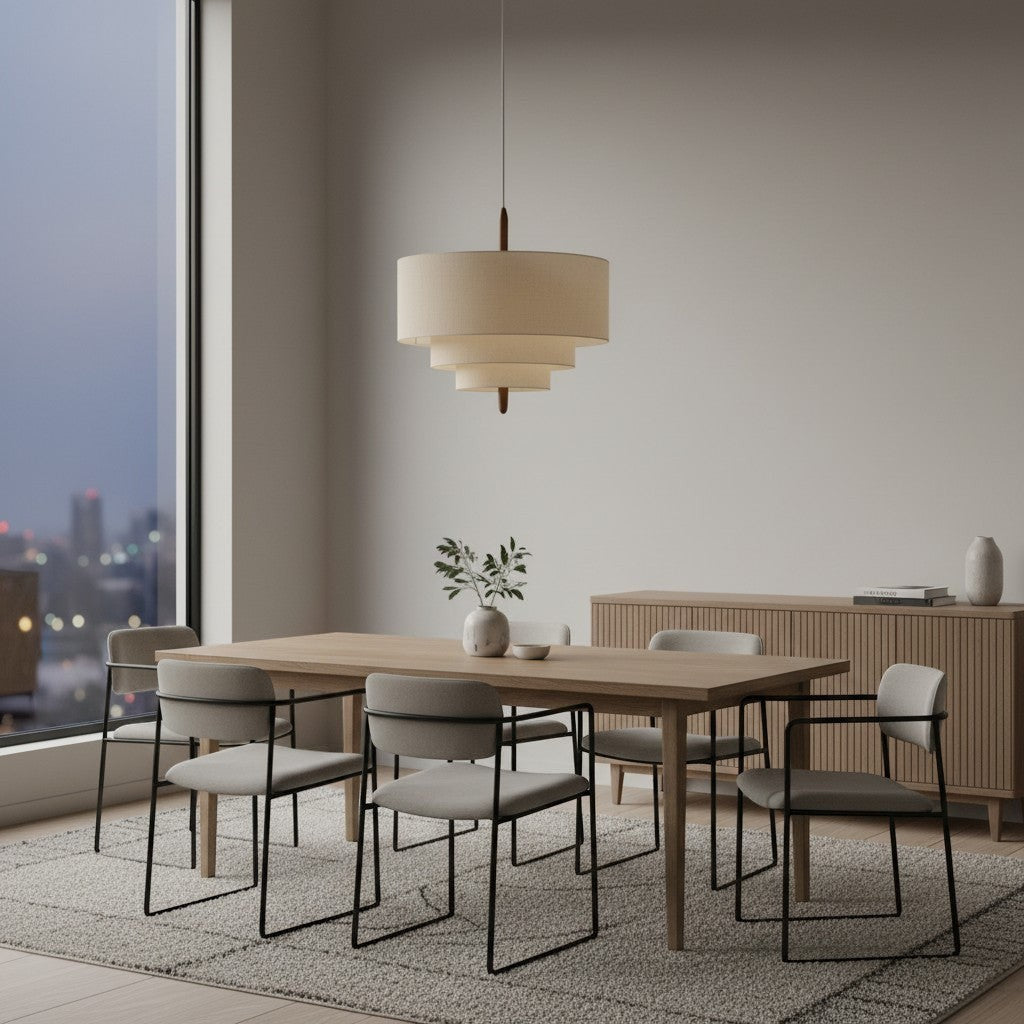 goodlampe Wabi Sabi Japanese fabric pendant light with layered shades and wooden accents, ideal for living rooms.