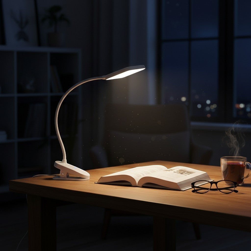 goodlampe white plastic clip-on LED desk lamp with flexible gooseneck and USB charging, ideal for students.