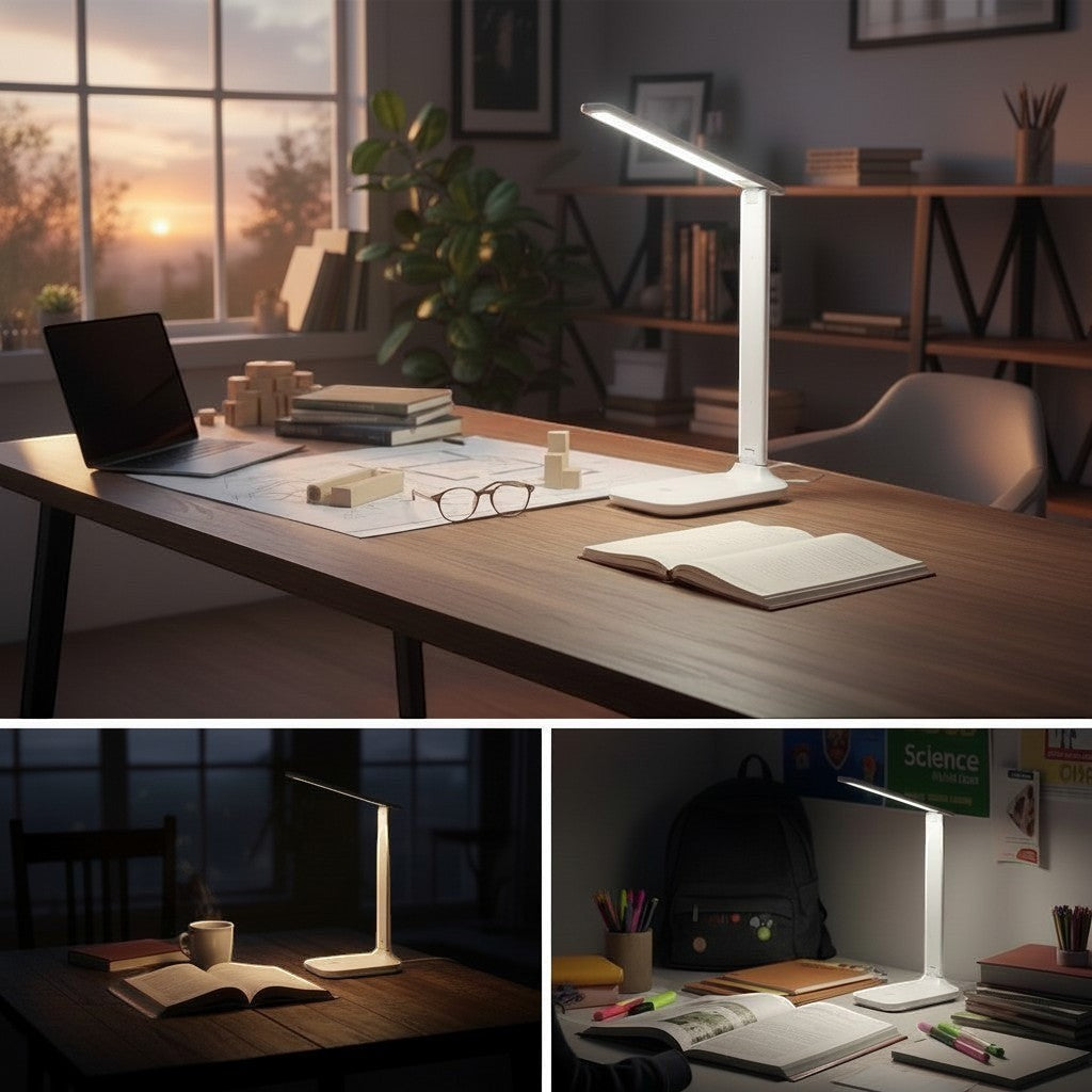 goodlampe white LED desk lamp with touch control, adjustable brightness, and foldable design for study or work.