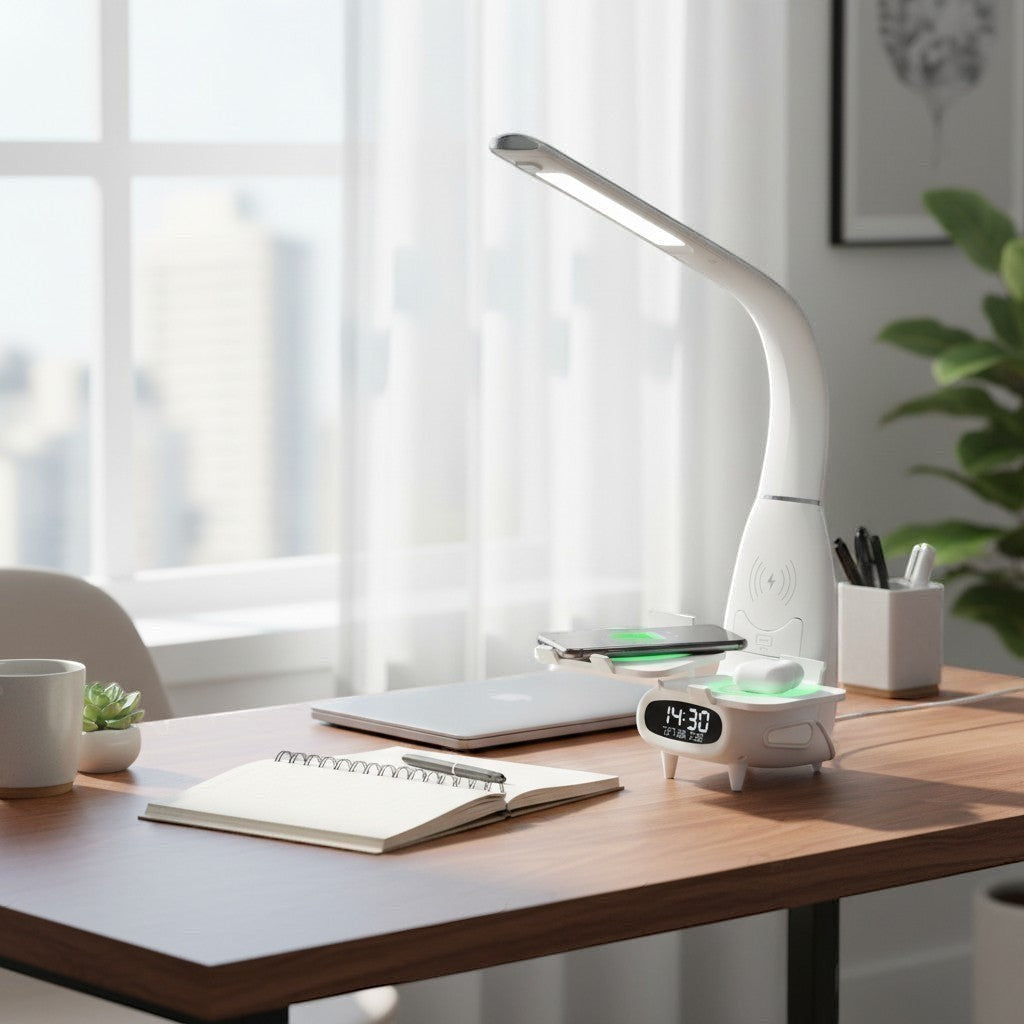 goodlampe white LED desk lamp with wireless charging, USB port, and LCD display showing time.
