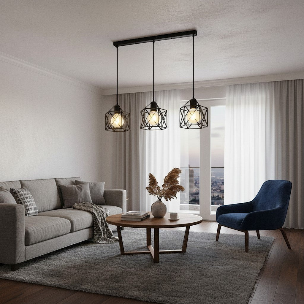 goodlampe black metal geometric cage pendant light with 3 E27 bulbs, industrial vintage style