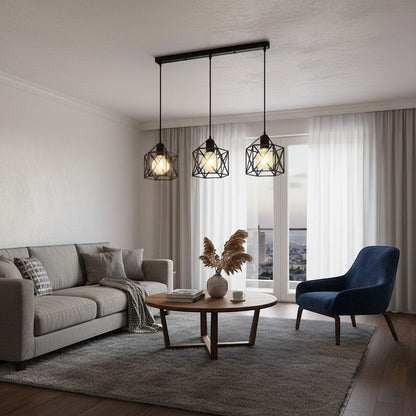 goodlampe black metal geometric cage pendant light with 3 E27 bulbs, industrial vintage style
