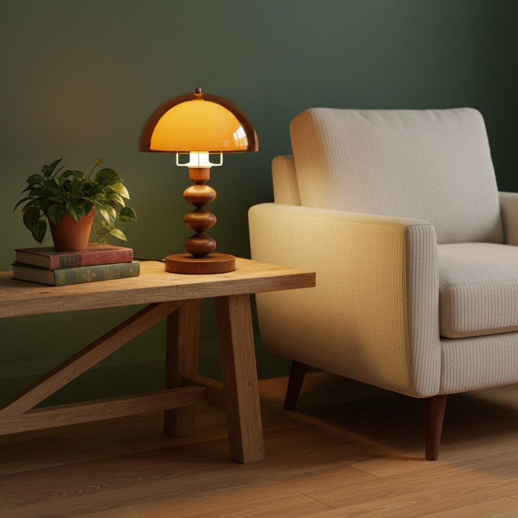 goodlampe abat-jour champignon en acrylique ambré avec pied en bois sculpté, style Wabi Sabi