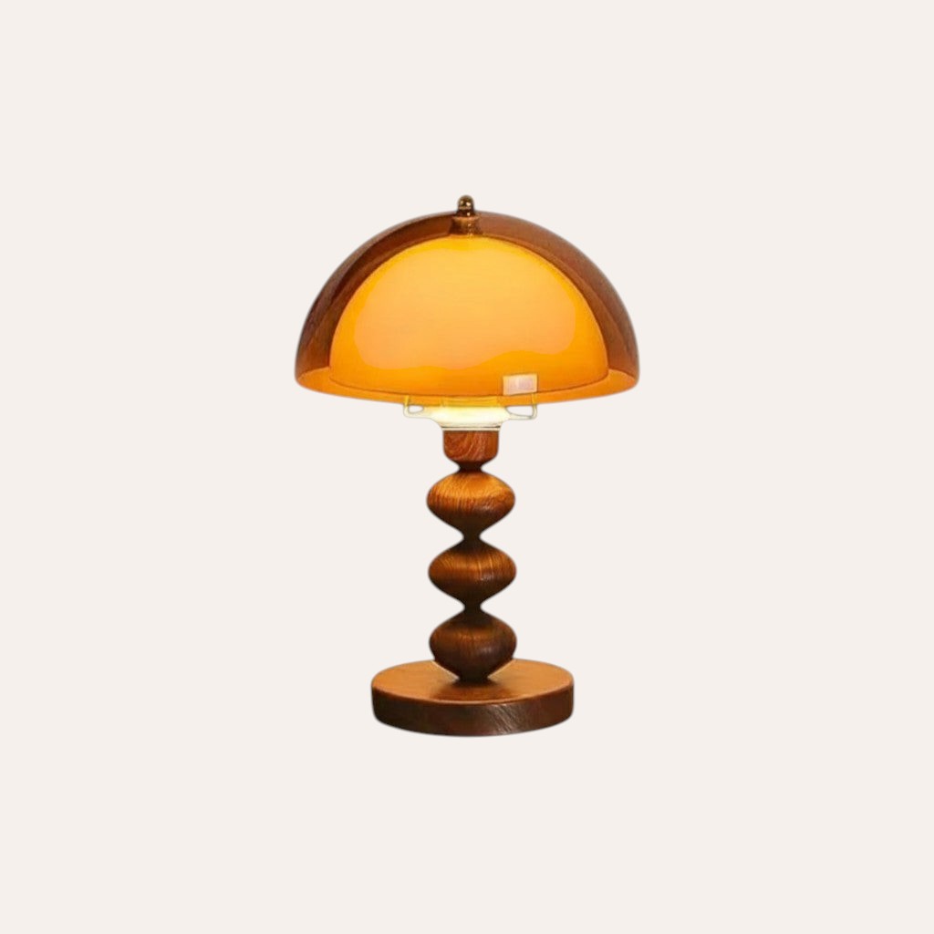 goodlampe abat-jour champignon en acrylique ambré avec base et tige en bois sculpté, style Wabi Sabi