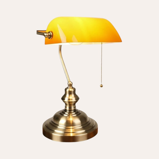 goodlampe vintage banker's lamp with amber glass shade and bronze metal base, featuring a pull chain switch.