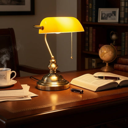 goodlampe vintage banker's lamp with amber glass shade and bronze metal base, featuring a pull chain.