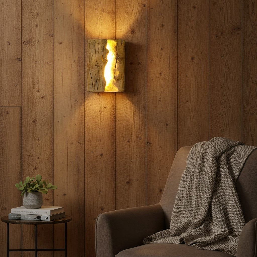 Applique murale goodlampe en bois brut style japonais, éclairage LED chaud intégré, couleur café beige.