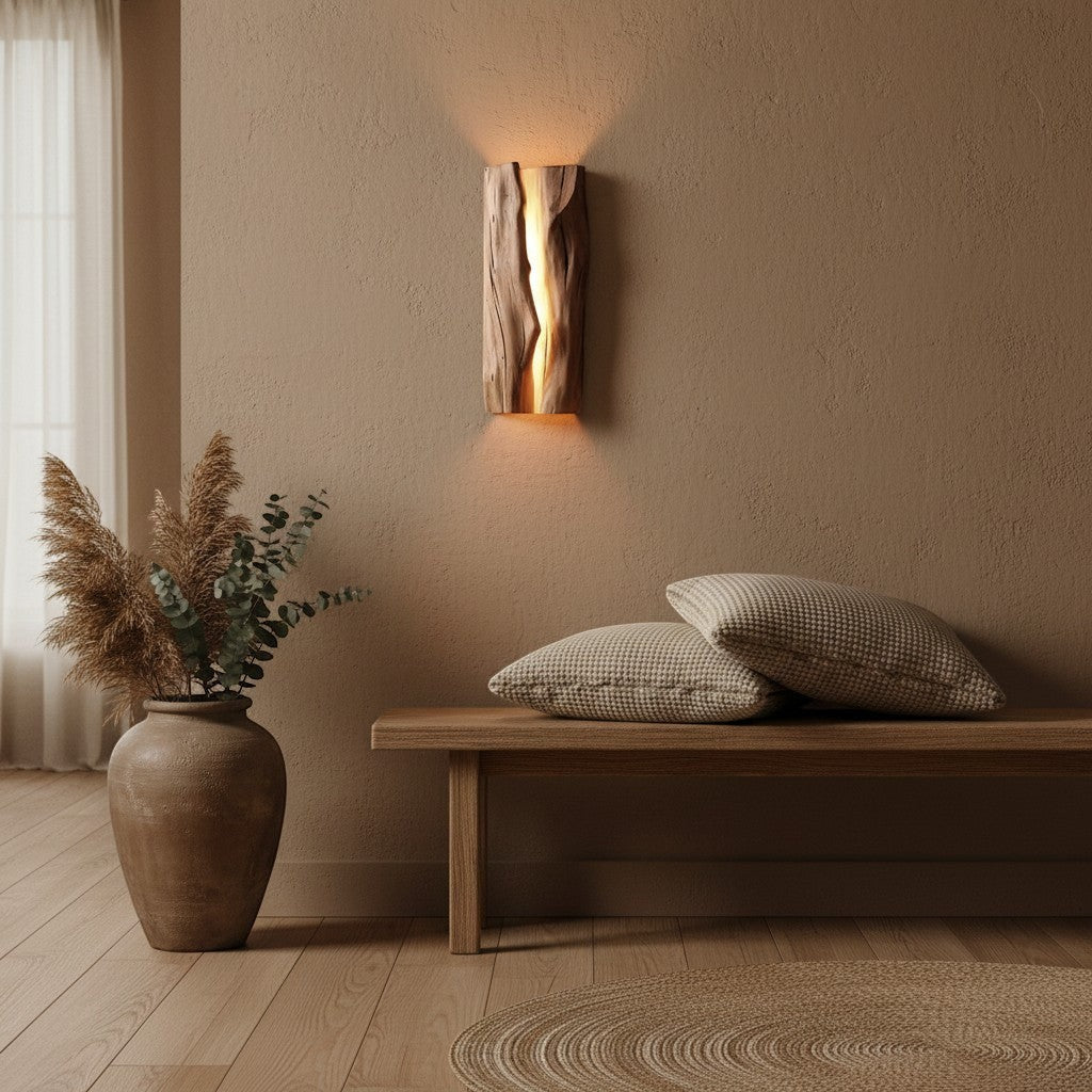 Applique murale goodlampe en bois brut style japonais, éclairage LED chaud, couleur café beige.
