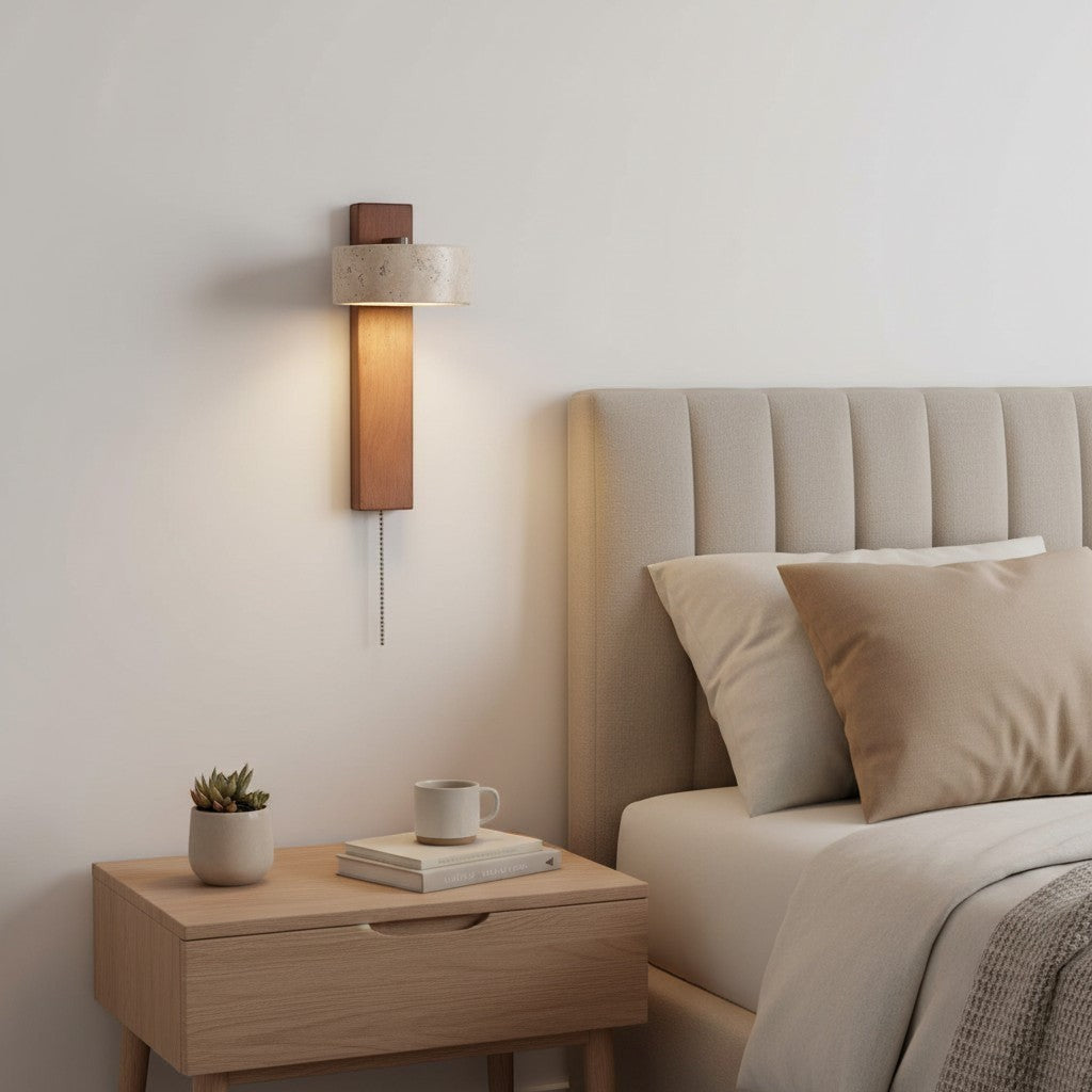 goodlampe applique murale rétro en bois massif et pierre, abat-jour cylindrique texturé, interrupteur à tirette, éclairage d'appoint