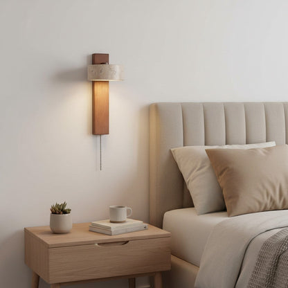 goodlampe applique murale rétro en bois massif et pierre, abat-jour cylindrique texturé, interrupteur à tirette, éclairage d'appoint