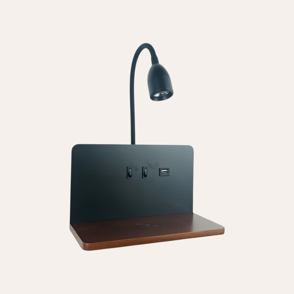 goodlampe applique LED rotative noire avec port USB et charge sans fil, design moderne pour chambre ou bureau.