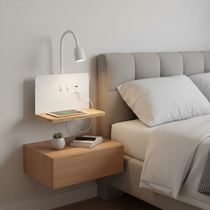 goodlampe applique LED blanche avec bras rotatif, 2 ports USB et chargeur sans fil intégré sur une étagère en bois.