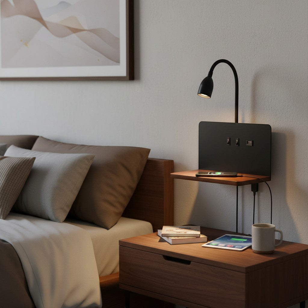 goodlampe applique LED noire rotative avec port USB et charge sans fil, design moderne pour chambre ou bureau.