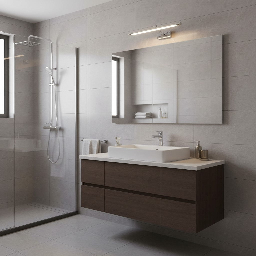 Applique miroir LED goodlampe argentée moderne au-dessus d'un lavabo dans une salle de bain élégante