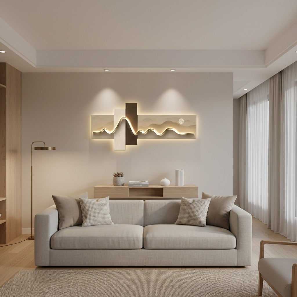 Applique murale LED Horizon goodlampe en bois avec design de paysage abstrait rétroéclairé dans un salon moderne
