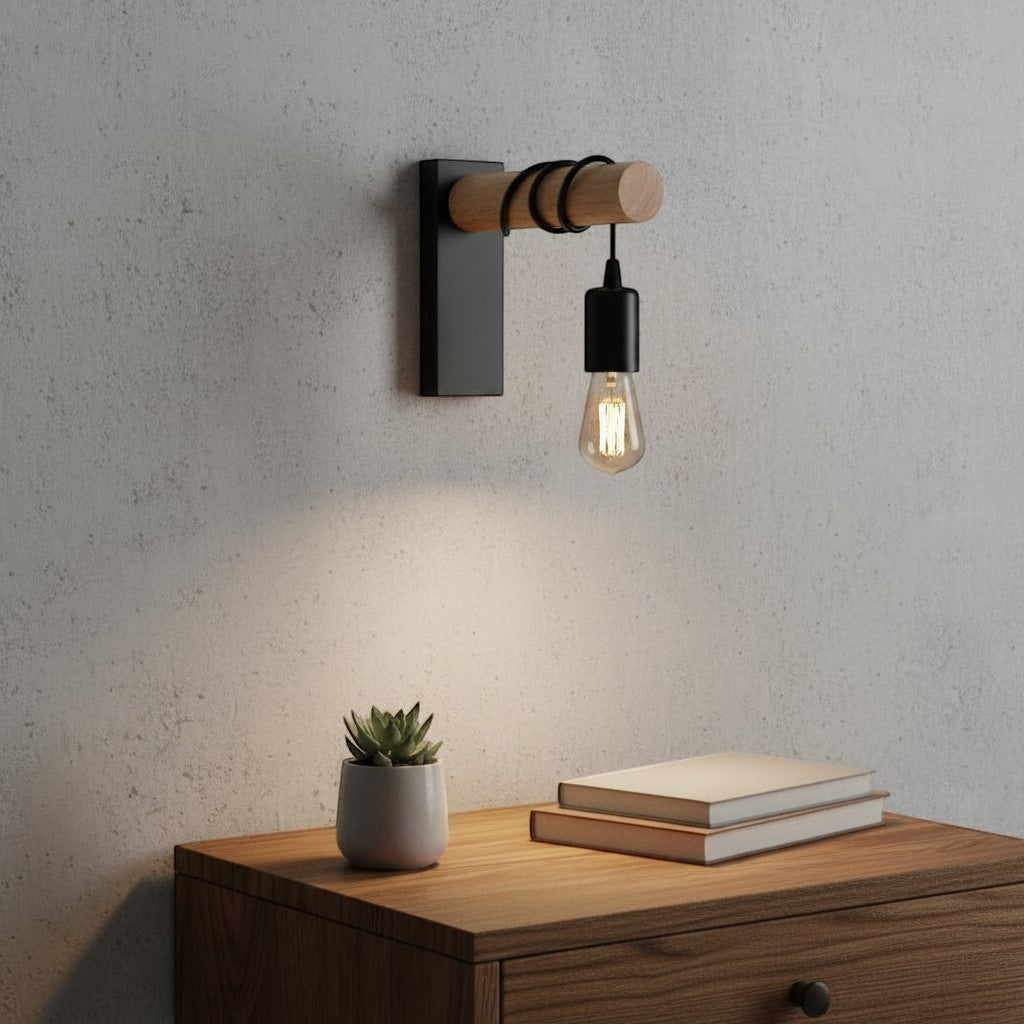 goodlampe applique murale industrielle en bois noir avec cordon, style rétro, pour chambre ou salon.