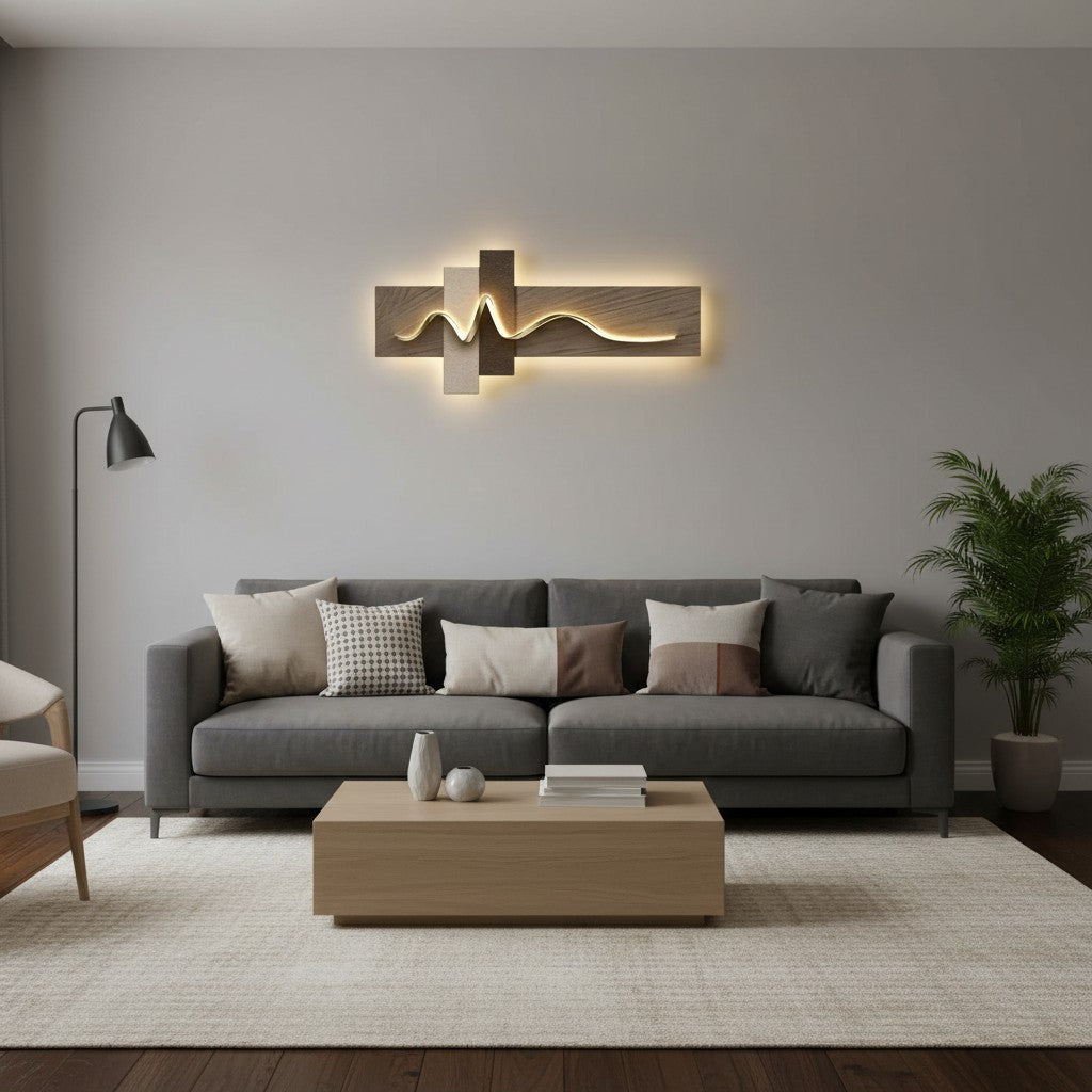Applique murale moderne en bois Ambre de goodlampe avec rétroéclairage LED décoratif au-dessus d'un canapé gris