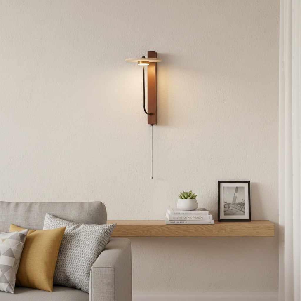 Applique murale goodlampe en bois brun et pierre claire, style nordique japonais, avec interrupteur tactile.