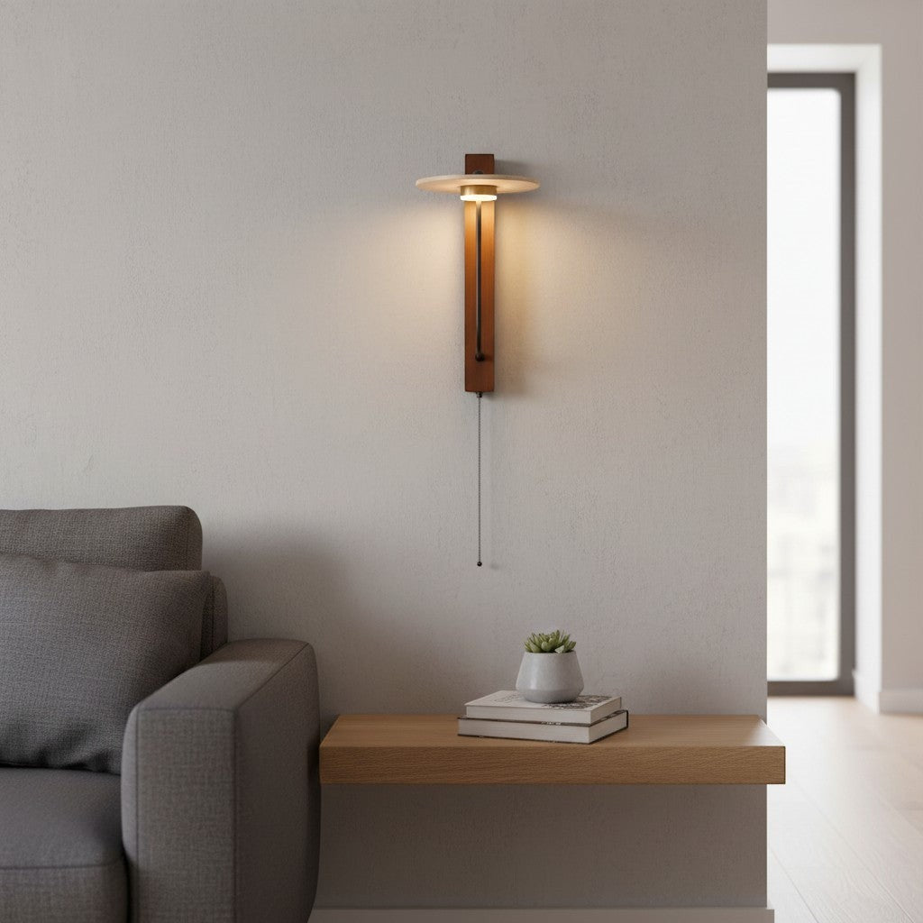 Applique murale goodlampe en bois brun et pierre claire, style nordique japonais, avec interrupteur tactile.