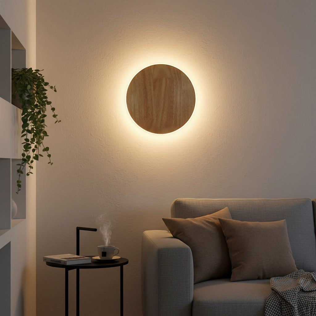 Applique murale LED ronde en bois naturel, lumière chaude 3500K, design minimaliste, éclairage d'ambiance.
