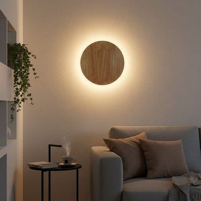 Applique murale LED ronde en bois naturel, lumière chaude 3500K, design minimaliste, éclairage d'ambiance.