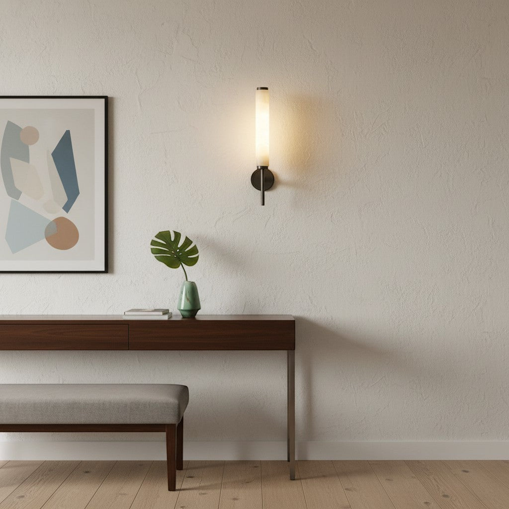 Applique murale goodlampe en marbre noir et cuivre avec abat-jour cylindrique en verre dépoli
