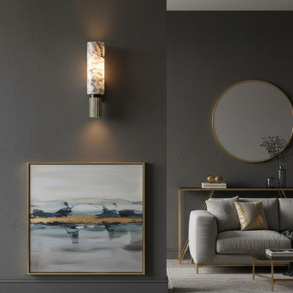 goodlampe applique murale LED cylindrique en marbre blanc veiné de noir avec base en laiton strié