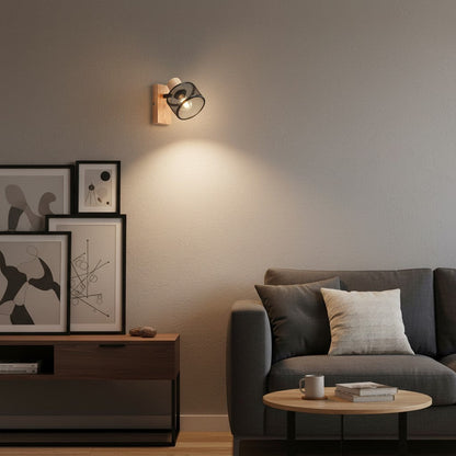 Applique murale goodlampe moderne noire en métal et bois, avec abat-jour grillagé et culot E27.