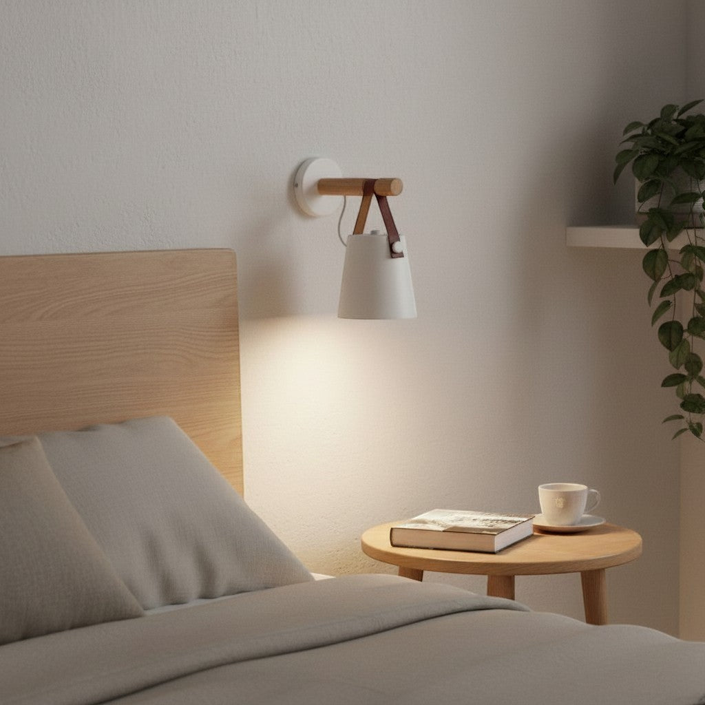 Applique murale goodlampe blanche en aluminium avec détails en bois et cuir, style nordique, éclairage doux vers le bas.