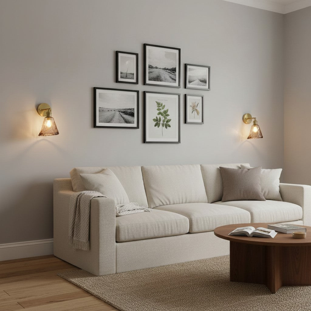 Applique murale goodlampe rétro en verre orange et laiton installée dans un salon contemporain au-dessus d'un canapé