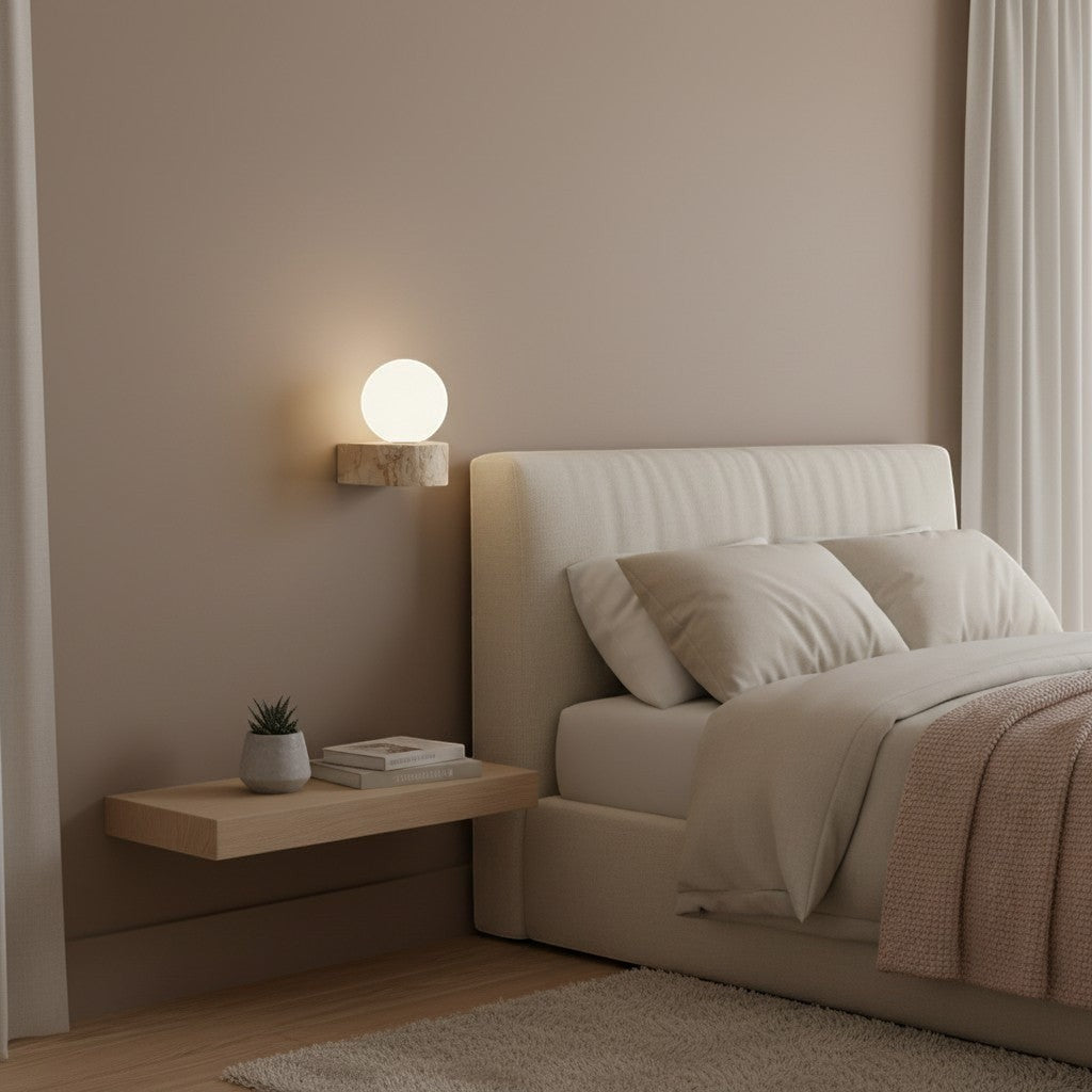 Applique murale goodlampe en verre blanc opale et pierre beige, style moderne rétro, éclairage doux.