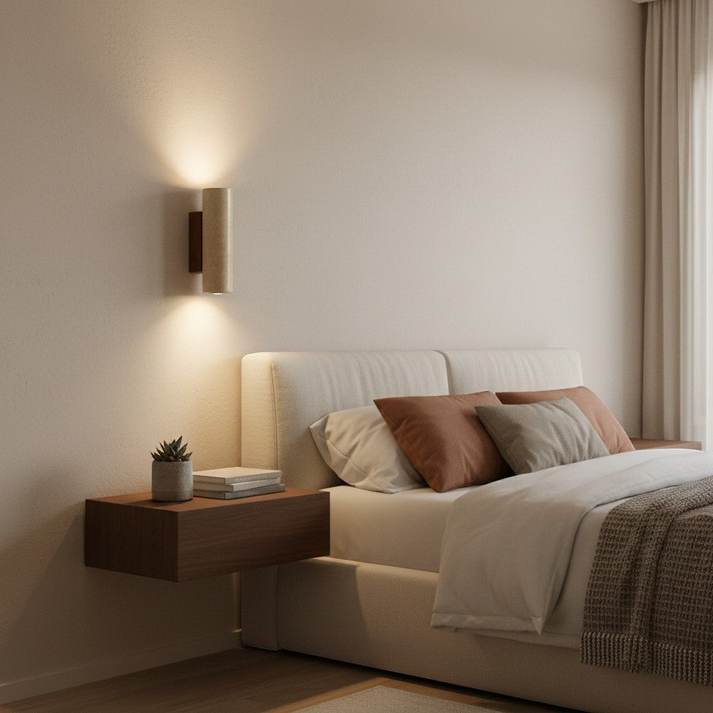 Applique murale goodlampe en travertin jaune et bois, design cylindrique moderne, éclairage LED doux.