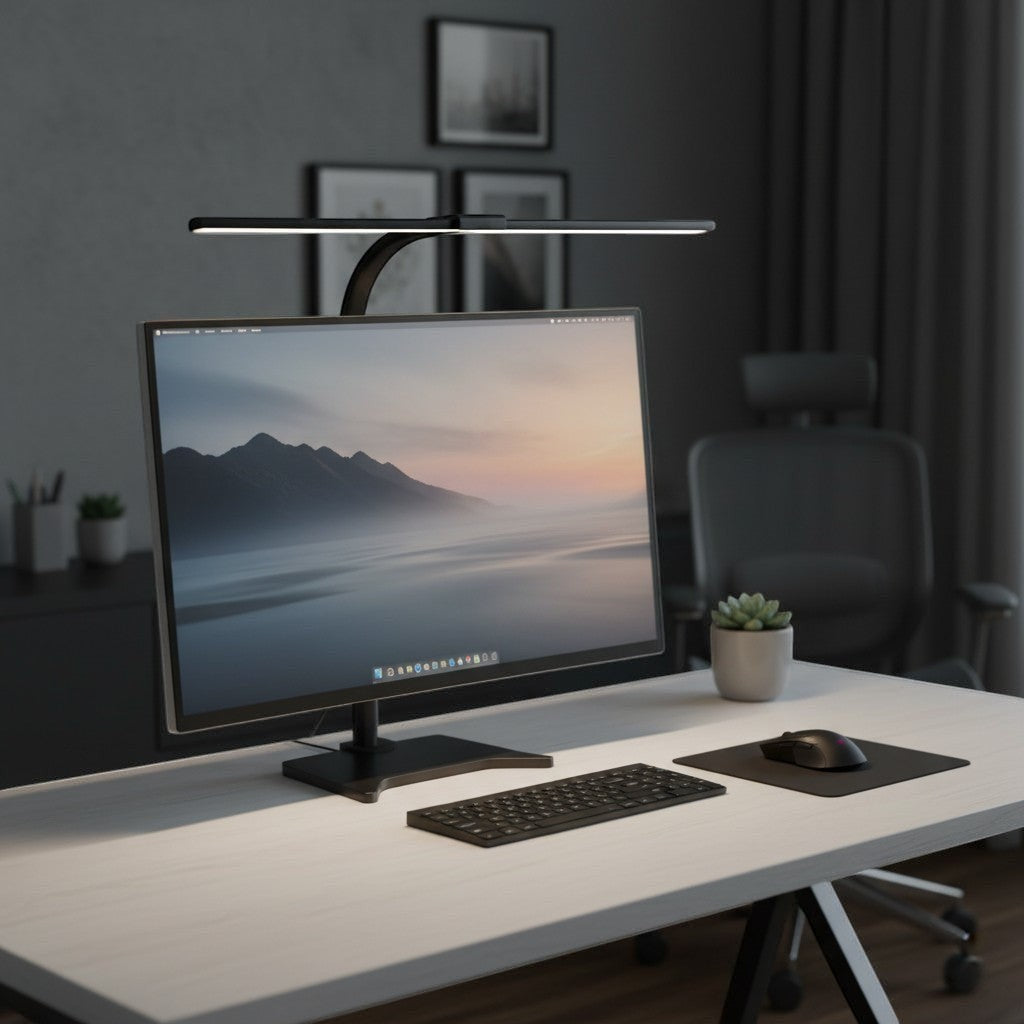 goodlampe black LED desk lamp with double adjustable heads and clamp base for flexible lighting.