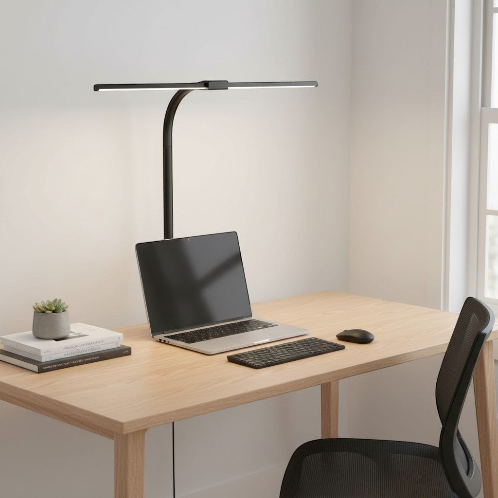 goodlampe black double-headed LED desk lamp with adjustable arm and clamp base