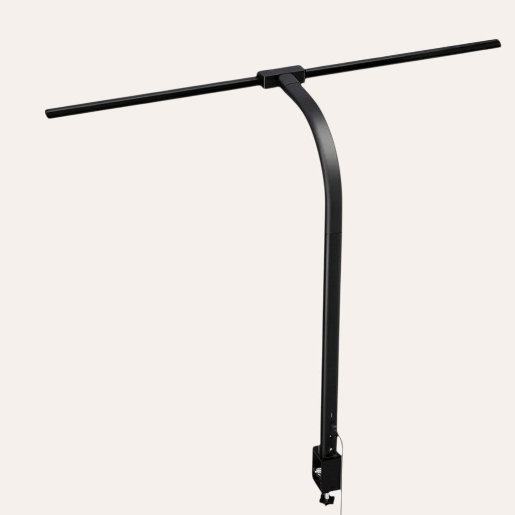 goodlampe black LED desk lamp with dual heads and clamp, flexible arm, and USB charging for phone.