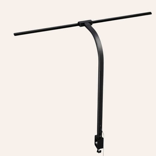 goodlampe black LED desk lamp with dual heads and clamp, flexible arm, and USB charging for phone.