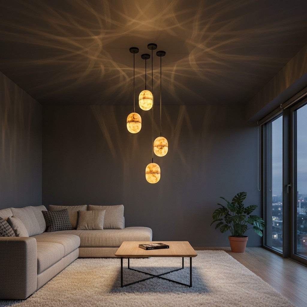 goodlampe modern art deco black and gold marble pendant light for dining room, 5 globe lights